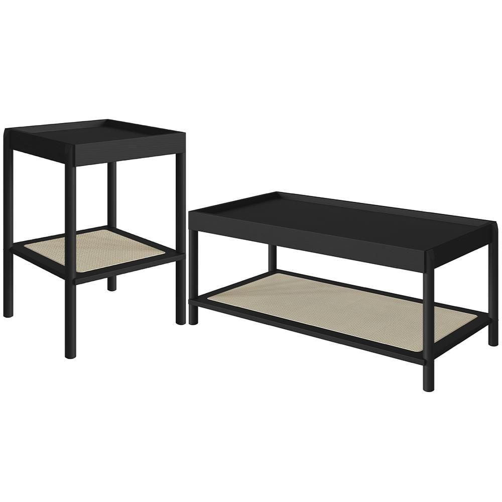 Conjunto Mesa de Centro e Mesa Lateral Para Sala Pés Madeira Moss A03 Nero Preto - Lyam Decor