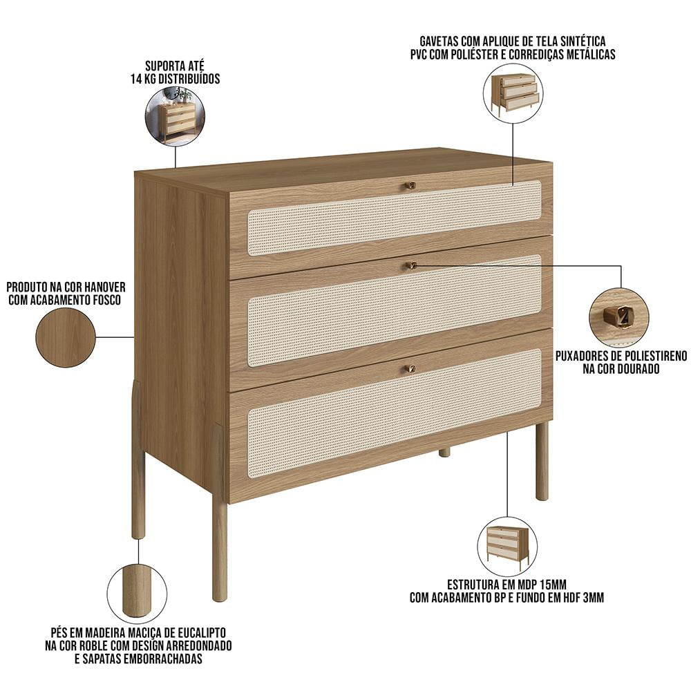 Cômoda Com 03 Gavetas Para Quarto Closet Pés Madeira Moss A03 Hanover Roble - Lyam Decor