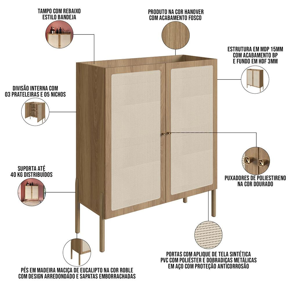 Armário Bar Para Sala 2 Portas 93cm Pés Madeira Moss A03 Hanover Roble - Lyam Decor