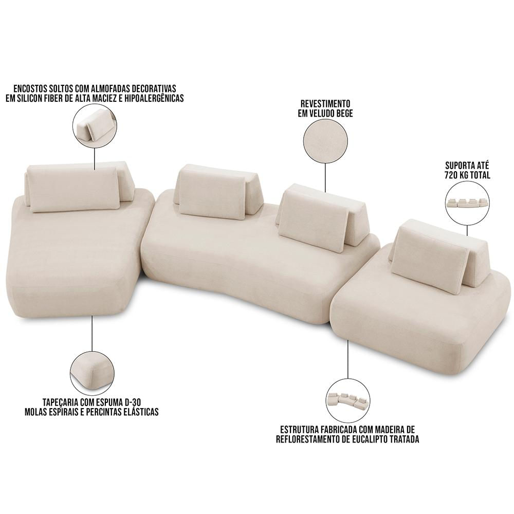 Sofá 6 Lugares Com Chaise Para Sala de Estar Living 435cm Shape T03 Veludo Bege - Lyam Decor