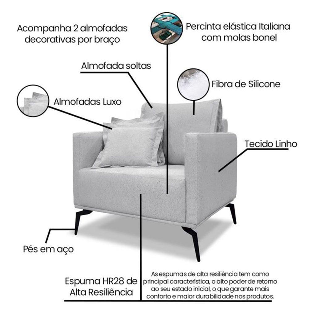 Kit 2 Poltronas Decorativa Livorno Linho Com Pés Em Aço SSX Multicoisas Grigio