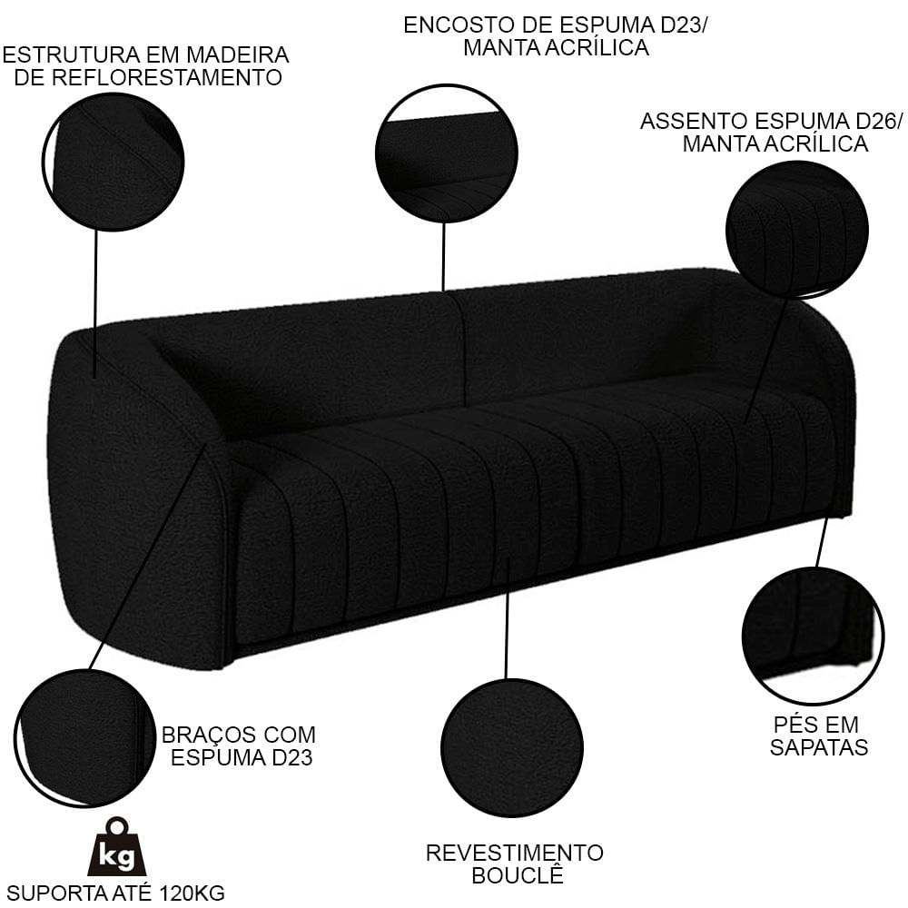 Sofá Living Decorativo 3 Lugares 292cm Meris M22 Bouclê Preto - Mpozenato