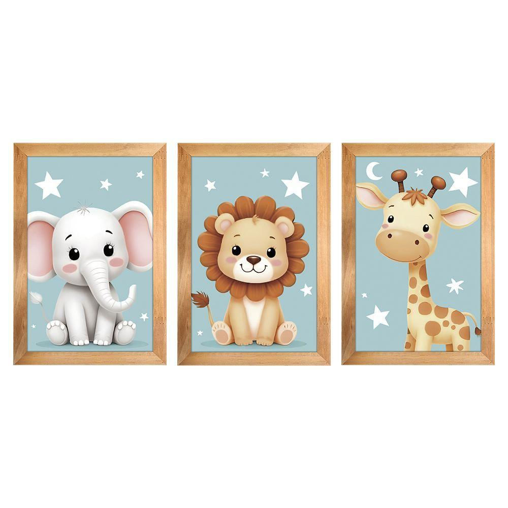 Kit 3 Quadros 20x30 Infantil Safari Estrelas Moldura Mel