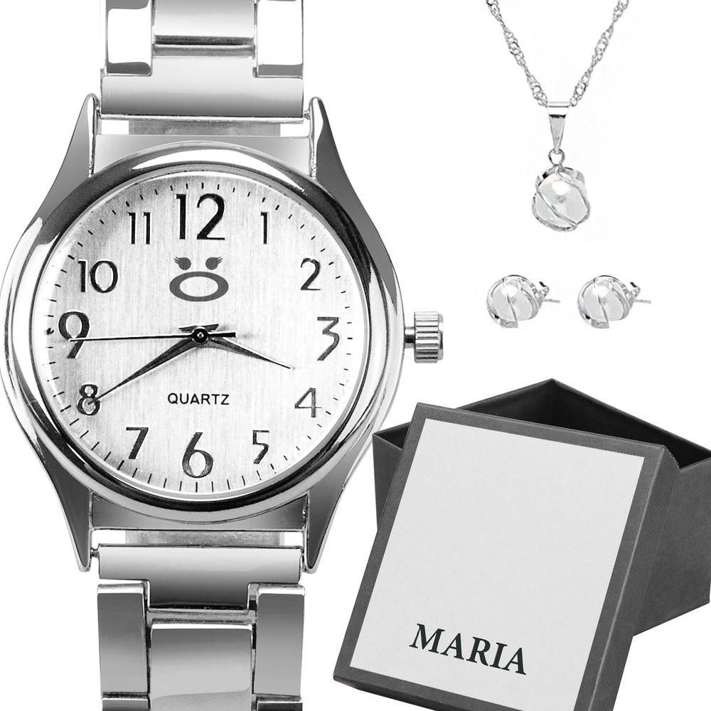 Relogio Feminino Prata Aço Inox + Caixa + Colar Brincos