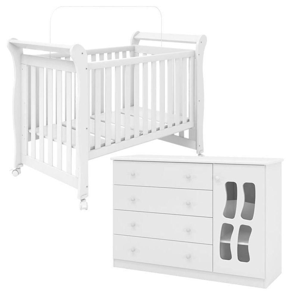 Quarto De Bebê Berço Americano Xodó E Cômoda Infantil Lívia 100% Mdf Branco Brilho- Phoenix Baby.