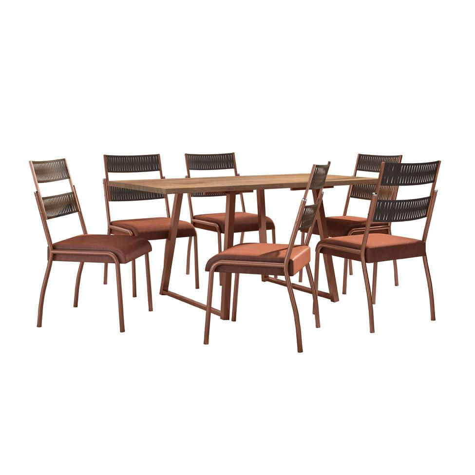 Conjunto de Mesa Retangular com Tampo de MDP Marrom Claro Atlanta e 6 Cadeiras Atenas Revestimento Sintético Terracota e Cobre