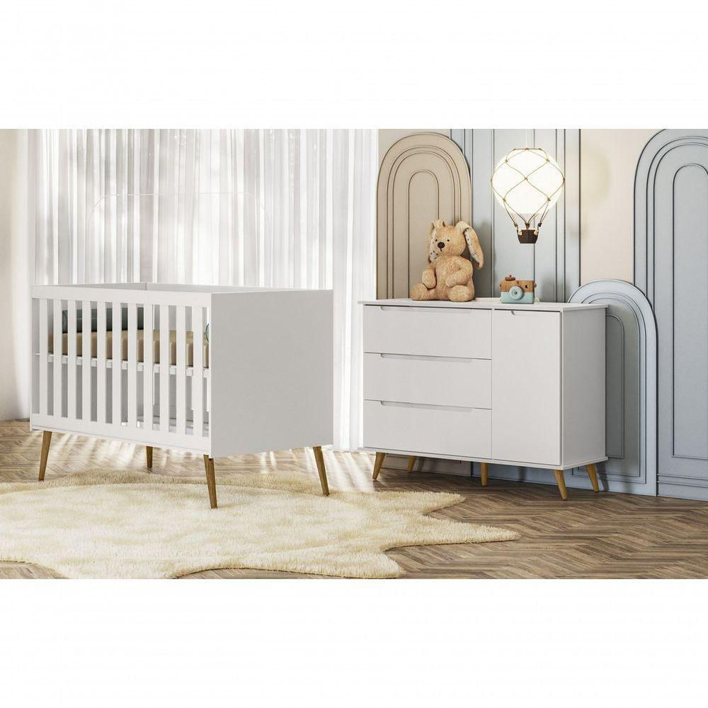 Quarto Bebe Retrô 100% MDF Lunna Berço + Gaveteiro Branco