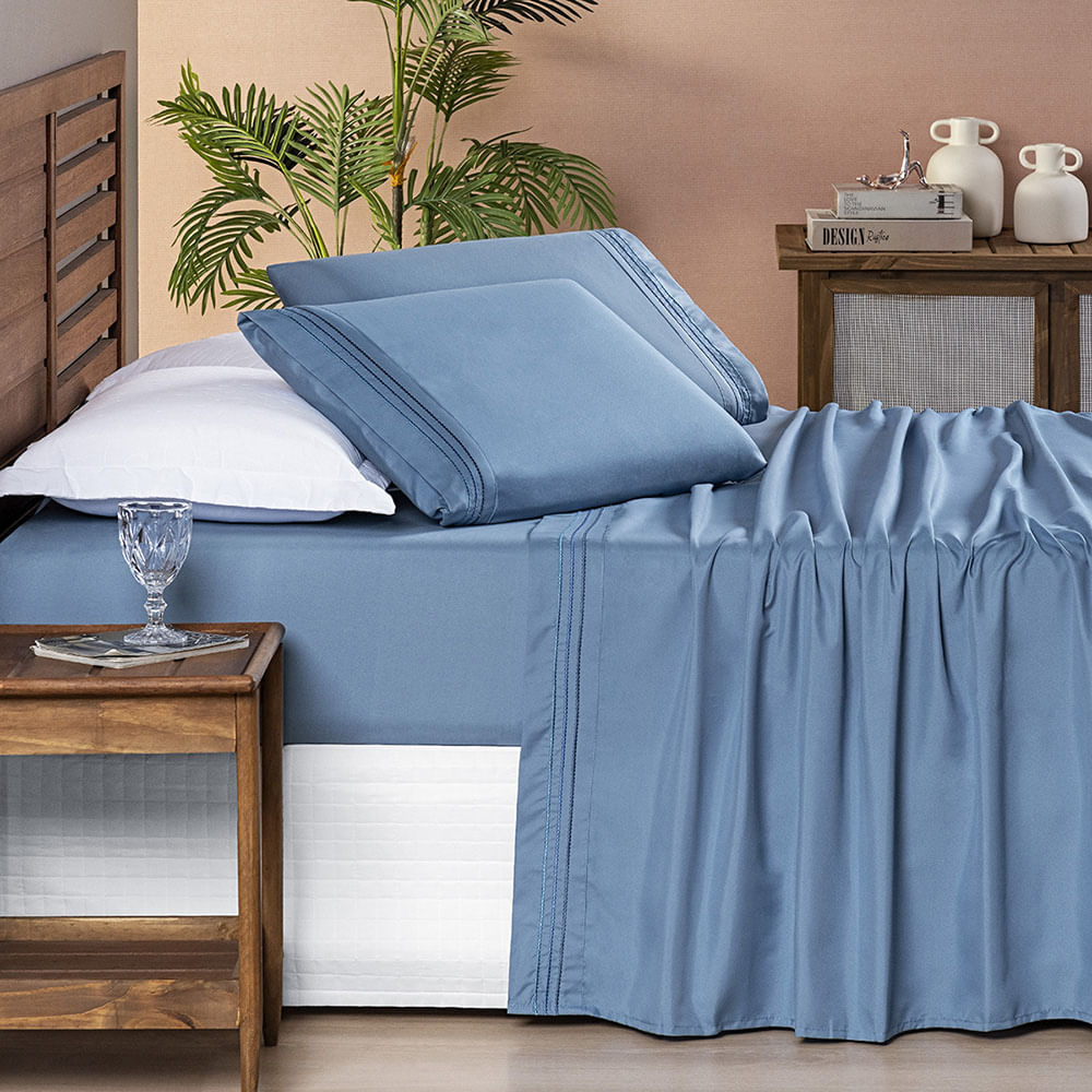 Jogo Cama Lençol Honore Queen Micro Percal 200 Fios c/ Detalhes Bordados 4 Peças - Azul Ice Blue