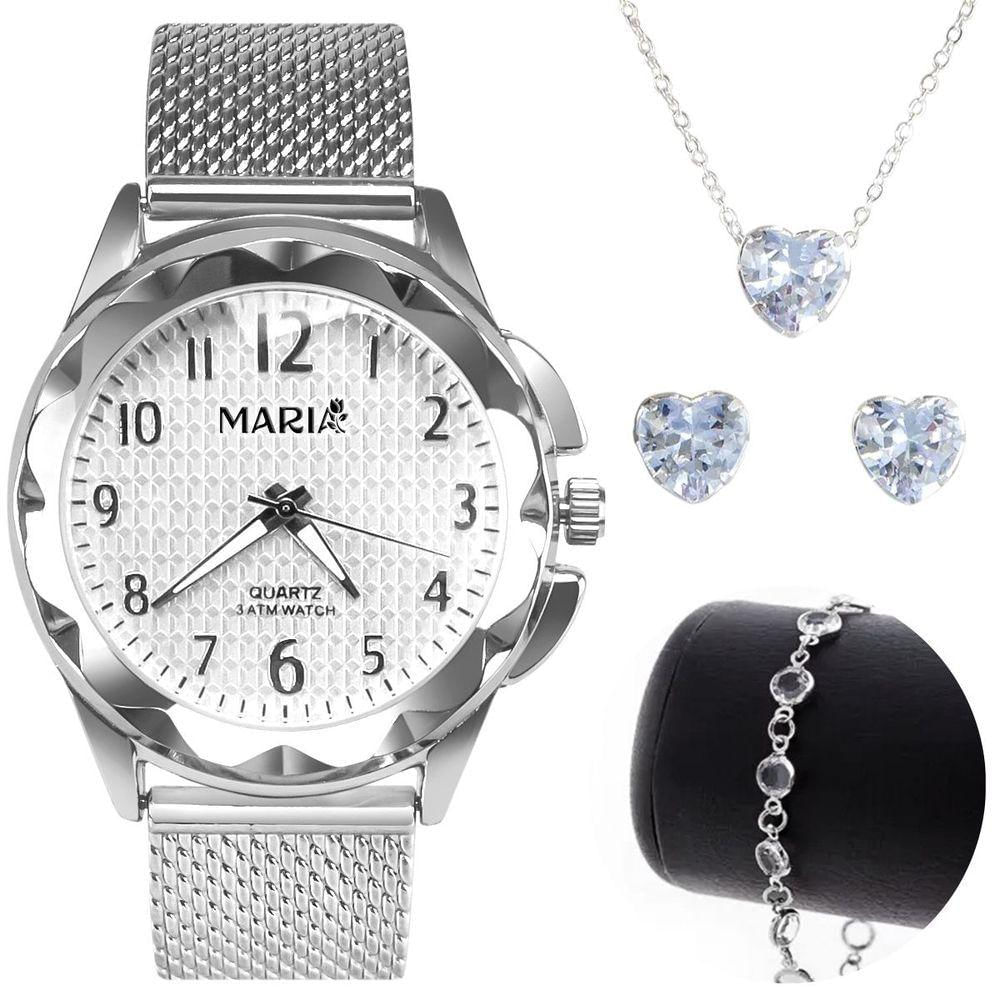Relogio Feminino Prata Prova Dagua + Pulseira Strass Social