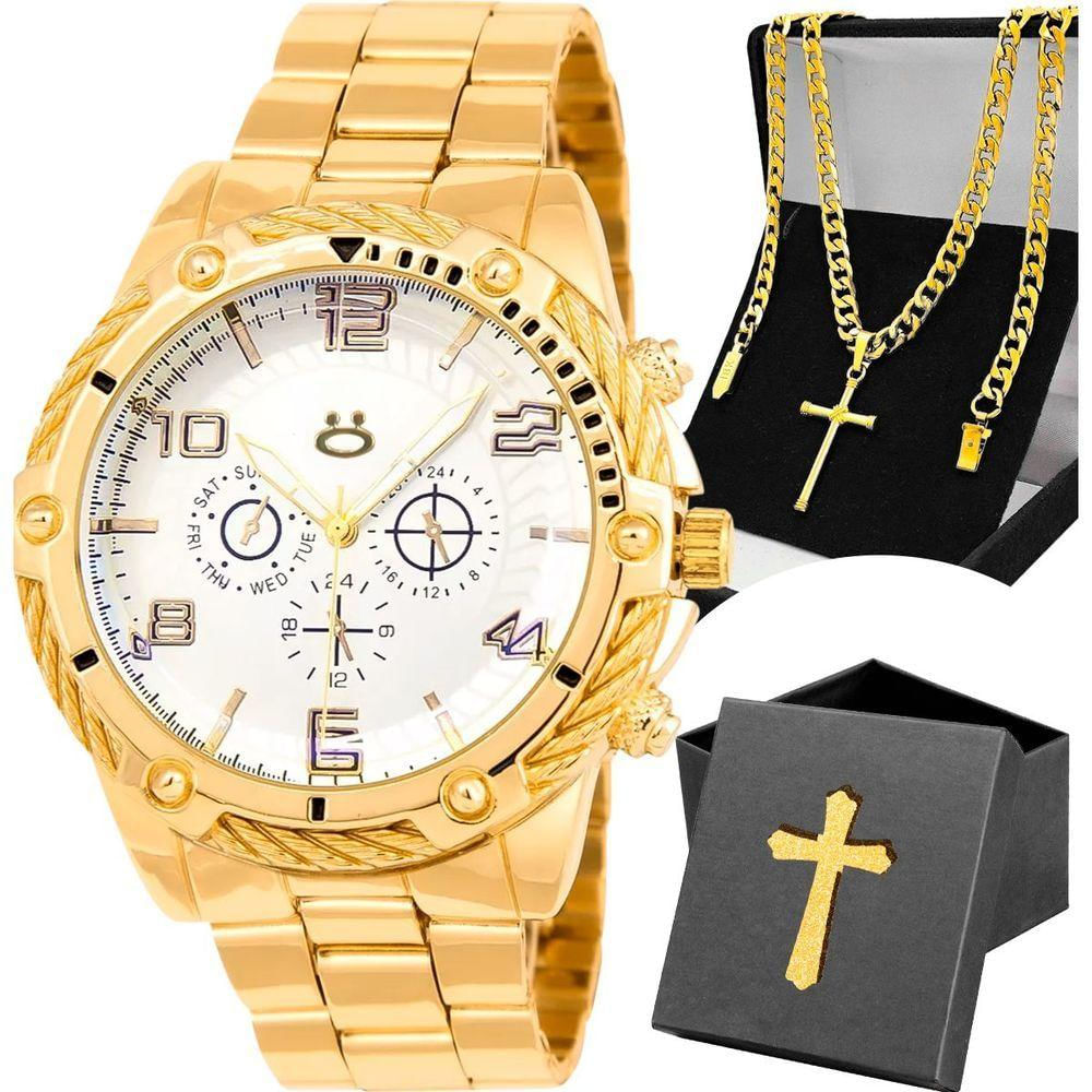 Relogio Masculino Dourado + Caixa Casual Robusto Social Cruz
