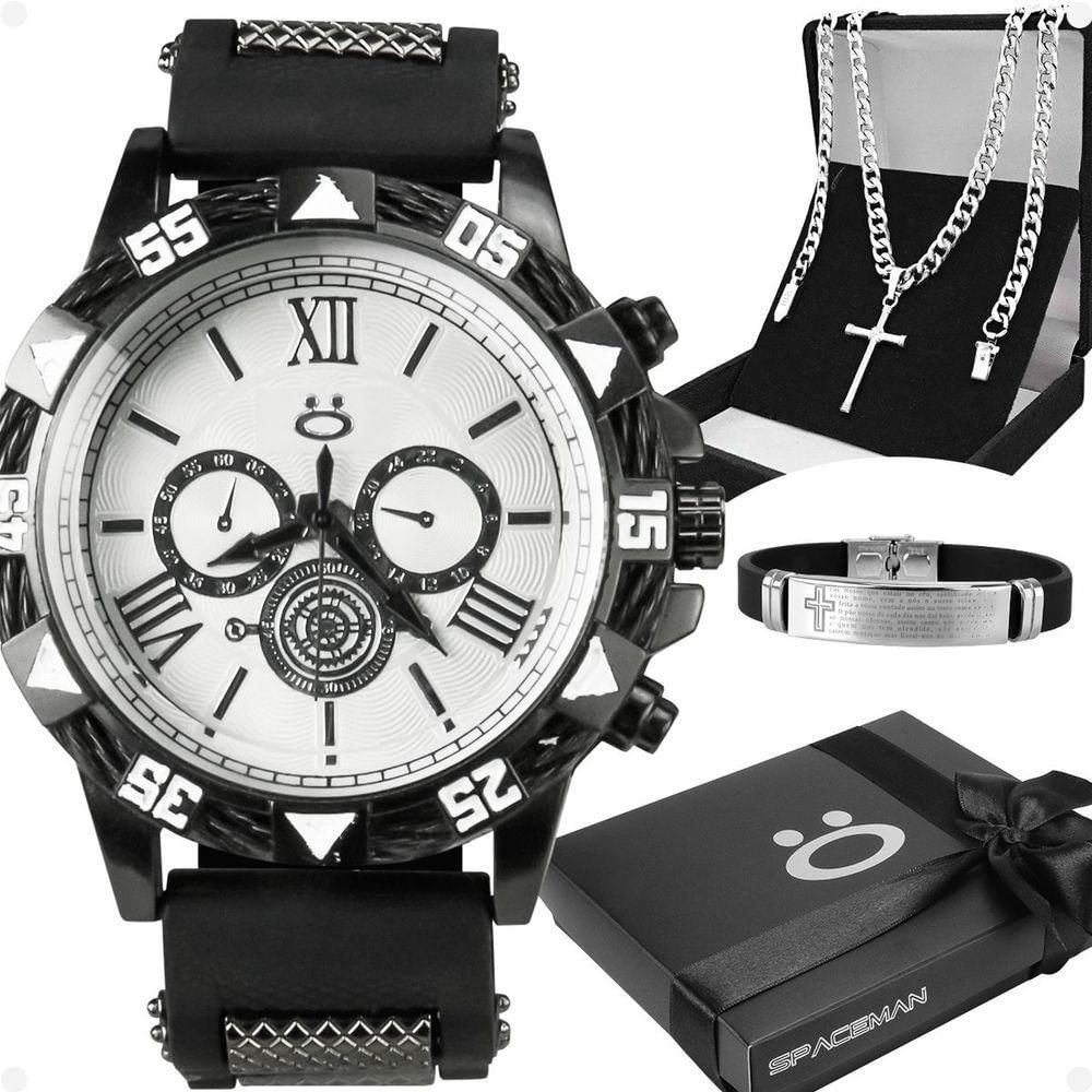 Relogio Masculino Aco + Caixa + Cordao Crucifixo + Pulseira