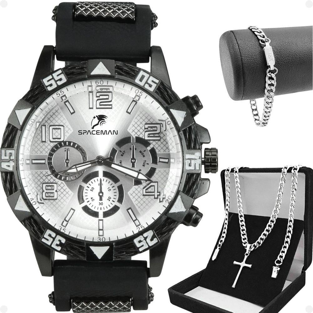 Relogio Masculino Aço Inox + Cordão Crucifixo + Pulseira Preto Spaceman Cruz Fina