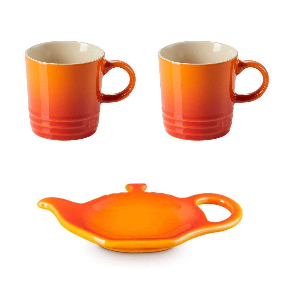 KIT LE CREUSET 2 CANECAS 350ML E SUPORTE P/ SACHÊS EM CERÂMICA