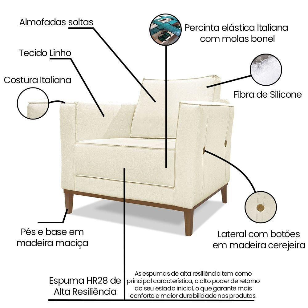 Kit Poltrona E Sofá 2 Lugares 1,70m Bege Pés Castanho