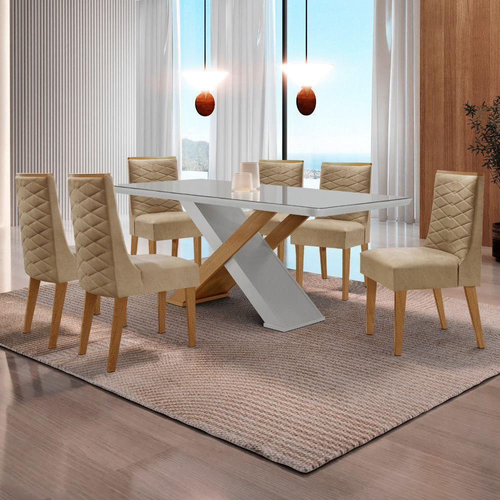 Mesa Sala De Jantar Carol 180cm E 6 Cadeiras Safira Moderna Turim / Off White / Imbuia