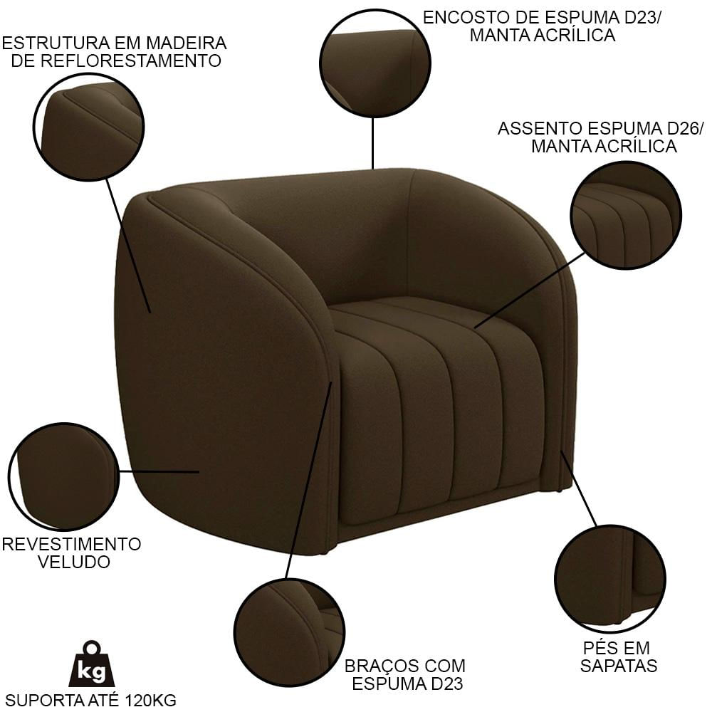 Sofá Decorativo 3 Lugares 292cm e Poltrona Meris M22 Veludo Marrom - Mpozenato