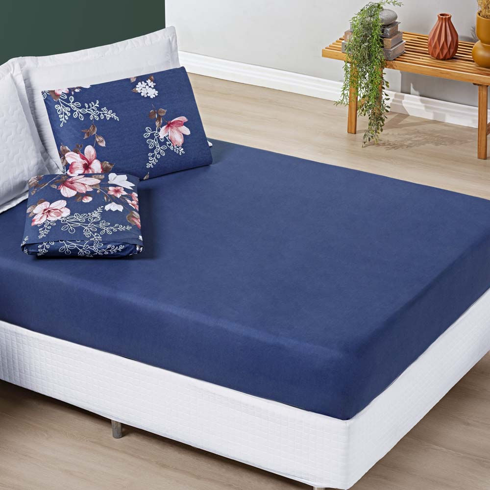 Jogo Cama Lençol Celi King Micropercal 200 Fios 3 Peças - Azul Marinho Floral