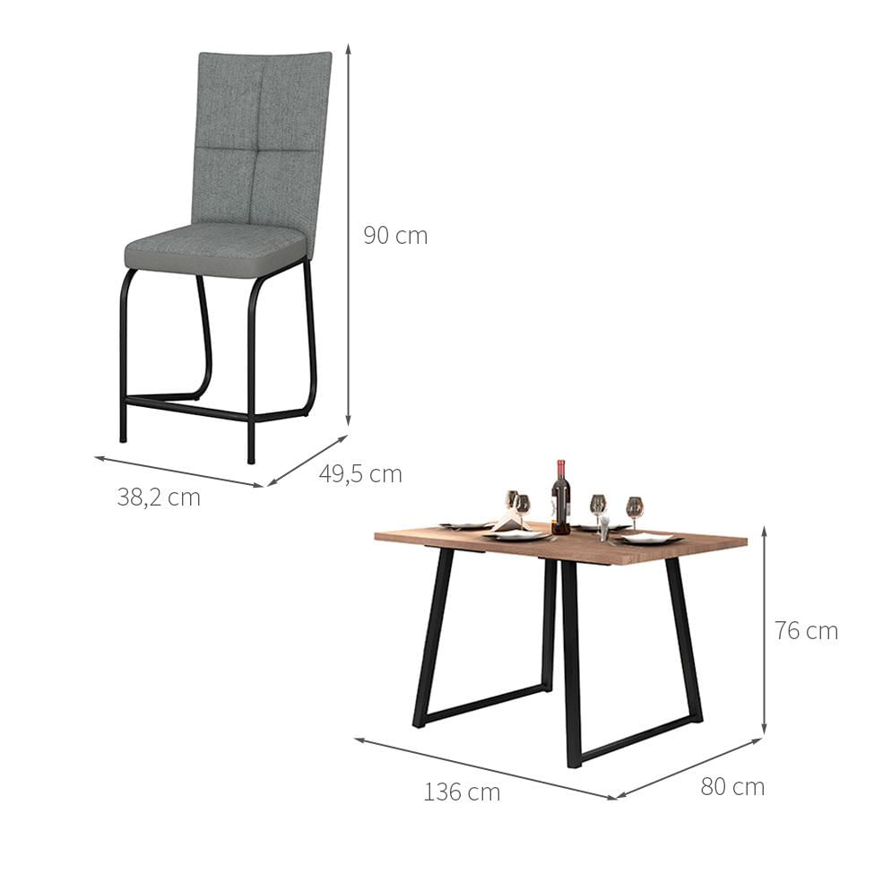 Conjunto de Mesa Retangular com Tampo de MDP Amadeirado Atlanta e 4 Cadeiras Mônaco Revestimento Sintético Cinza e Preto