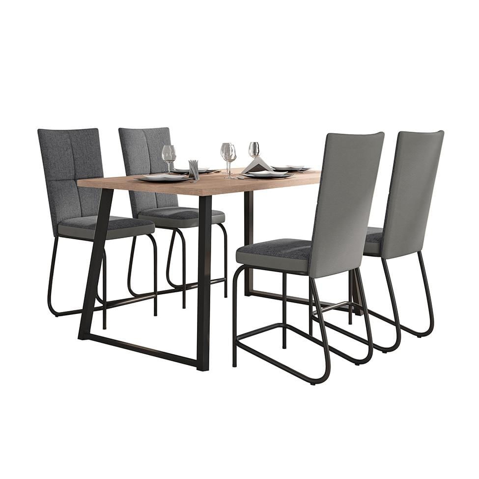 Conjunto de Mesa Retangular com Tampo de MDP Amadeirado Atlanta e 4 Cadeiras Mônaco Revestimento Sintético Cinza e Preto