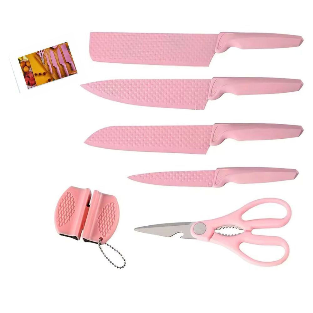 Jogo De Facas Inox Cerâmico Gourmet Premium Cozinha Rosa