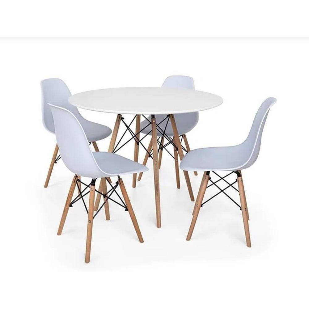 Conjunto De Mesa De Jantar Eames Eiffel Redonda 100cm Tampo De Madeira Branco Com 4 Cadeiras Brancas