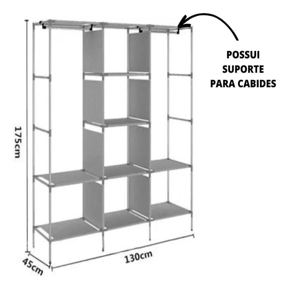 Guarda Roupa Cabideiro Portatil Prateleiras Dobravel Armario Arara Grande Organizador Preto