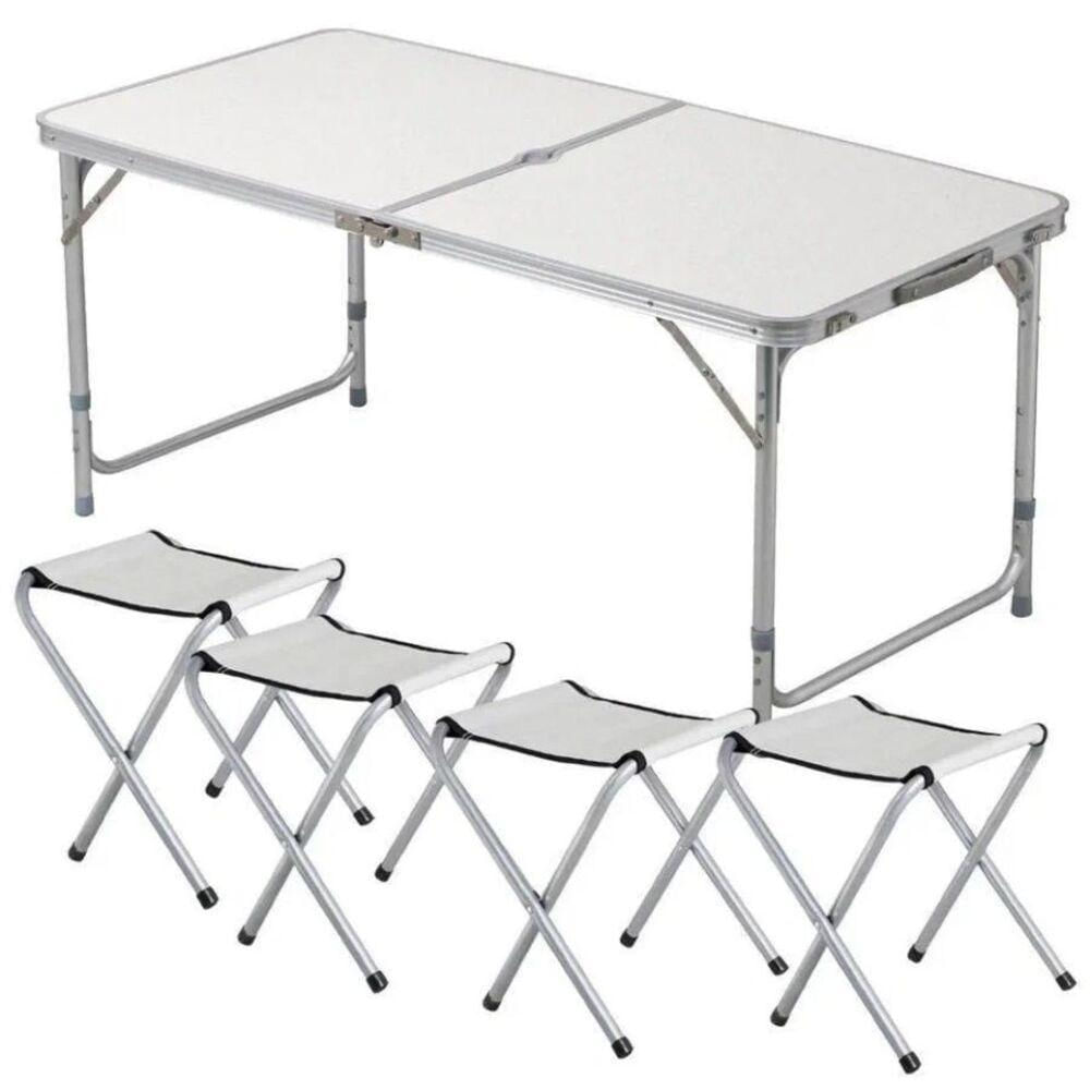 Mesa Maleta Dobravel Em Aluminio Com 4 Cadeiras Portatil Grande 120x60cm Altura Ajustavel Camping Praia Com Banquinhos B