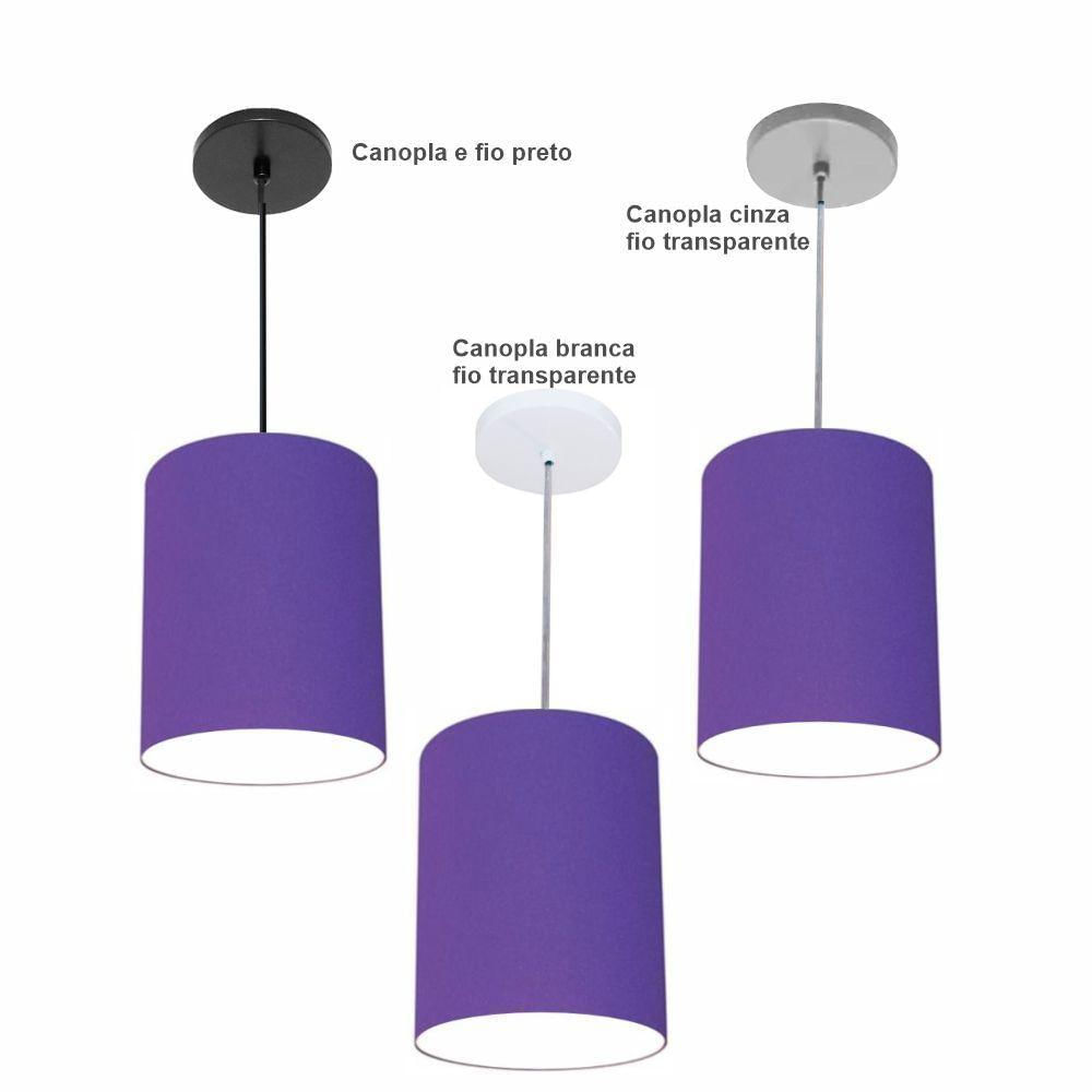 Luminária Pendente Vivare Free Lux Md-4103 Cúpula Em Tecido Roxo Da Canopla Canopla Cinza E Fio Cristal