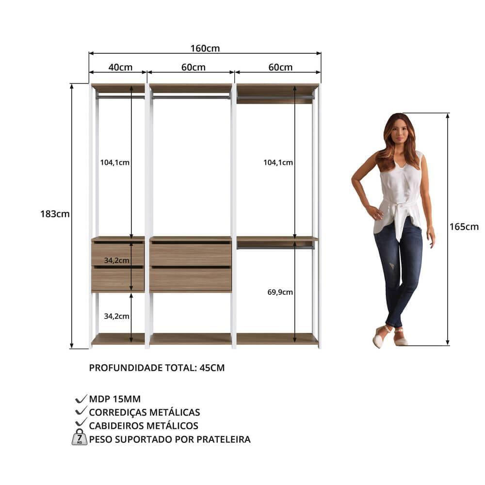 Kit Guarda Roupa Closet 03 Peças 183x160cm Branco Montana Proddy