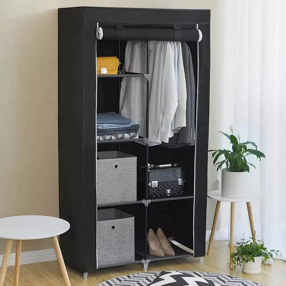 Guarda Roupa Duplo Portatil Cabideiro Arara Roupas 5 Prateleiras Armario Dobravel Organizador Preto