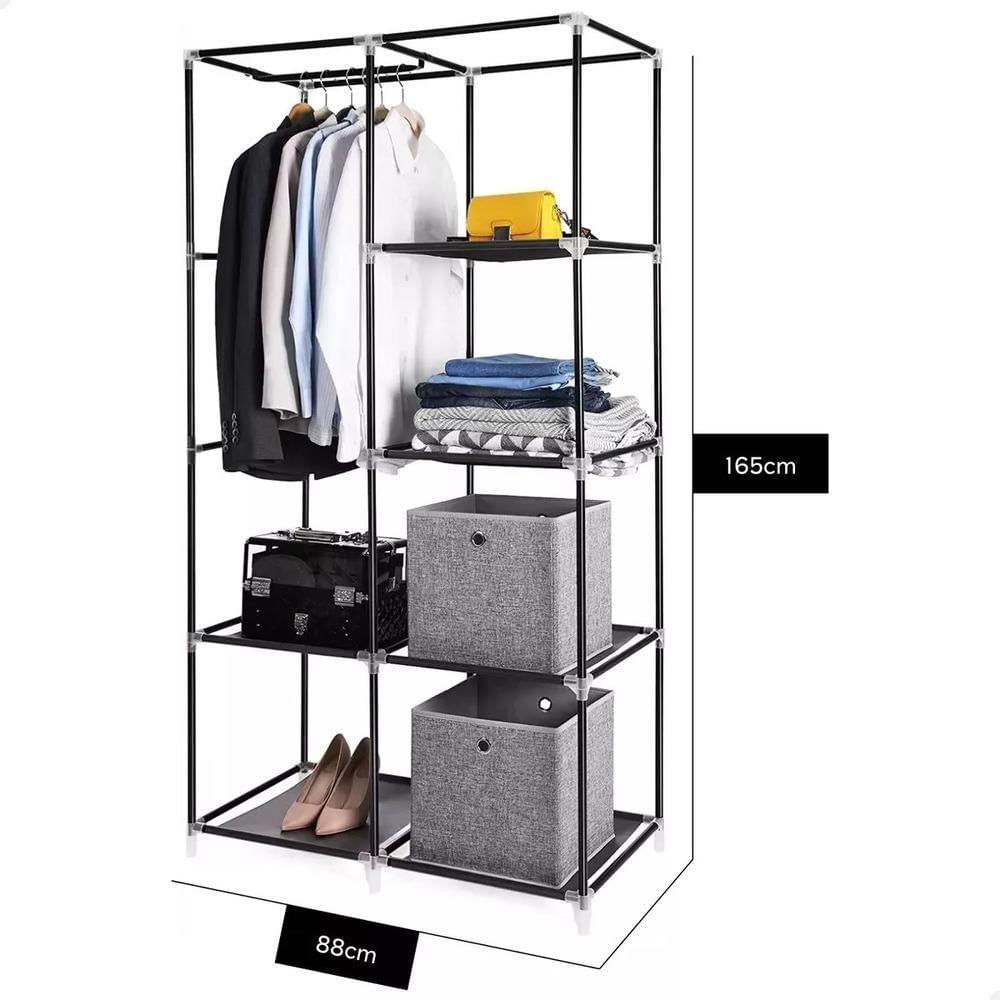 Guarda Roupa Duplo Portatil Cabideiro Arara Roupas 5 Prateleiras Armario Dobravel Organizador Preto