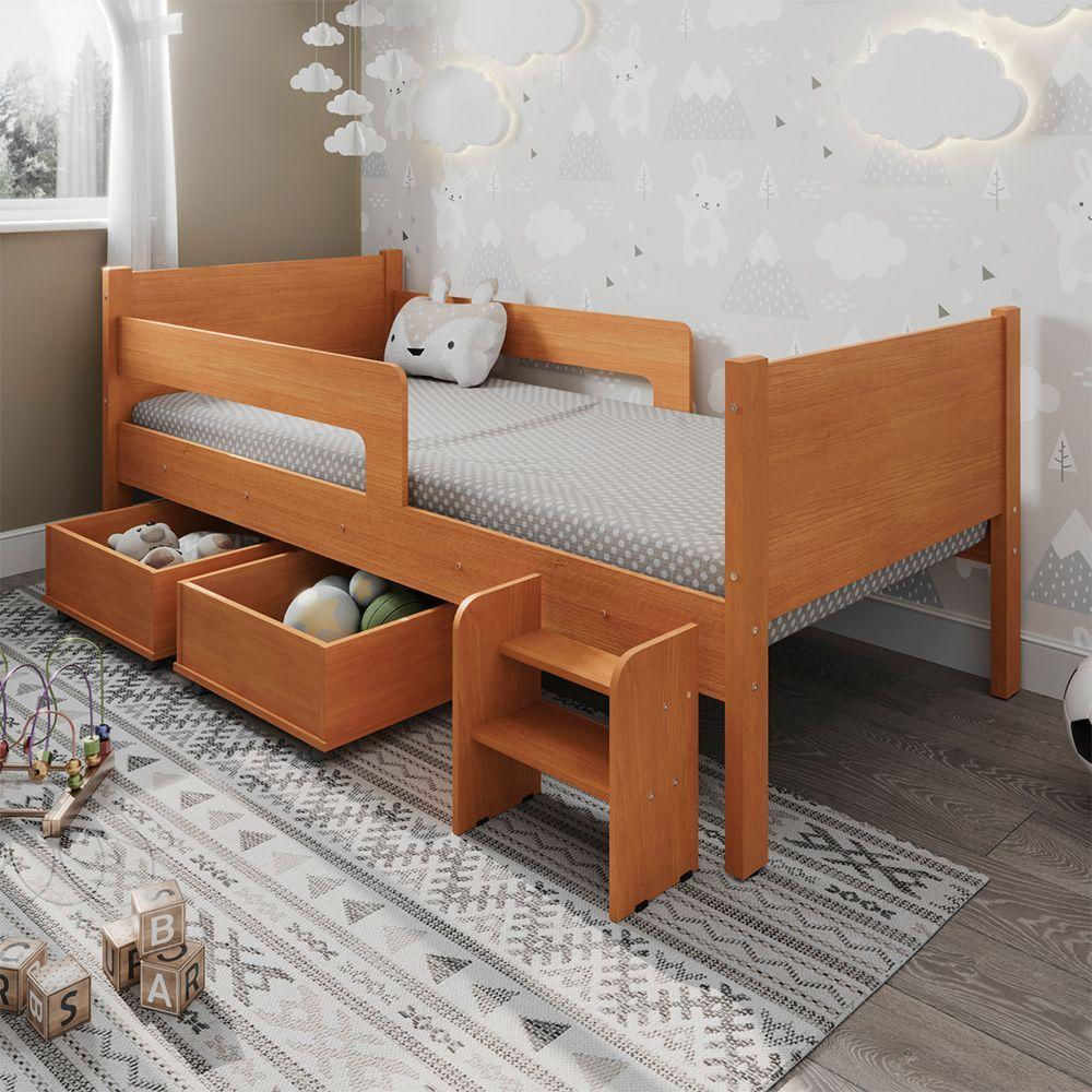 Cama Infantil Com 2 Baus Organizador E Escada Luna Plus Nature Com Colchão - Bege