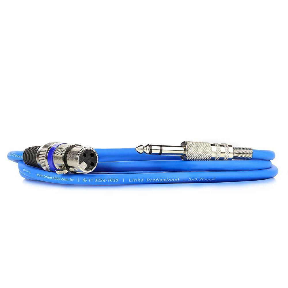 Cabo De Microfone Xlr Para P10 Estereo - Azul - 50 Metros