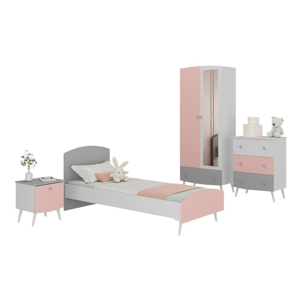 Quarto Infantil Completo Para Colchão 188x78cm Doçura Multimóveis MP4329 Branco/Cinza/Rosa