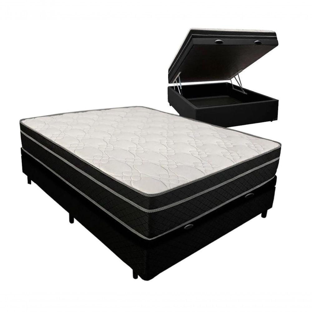 Cama Box Baú Casal 138 Tecido Sintético Preto Com Colchão Paris De Molas Ensacadas Preto 67x138x188