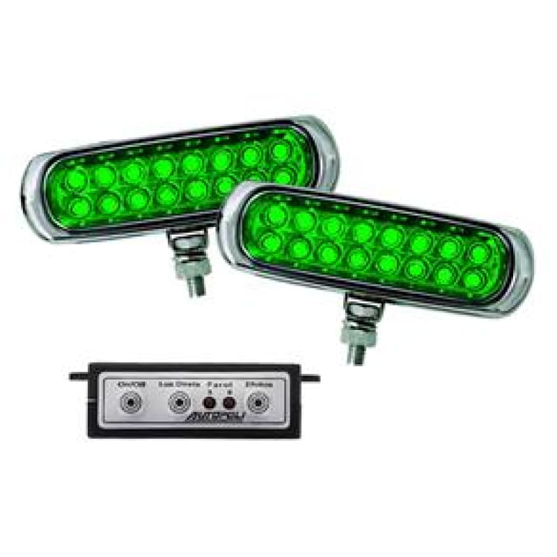 Farol Strobo Estrobo Safetycar Luz Milha Slim Led Verde Carcaça Cromada Par