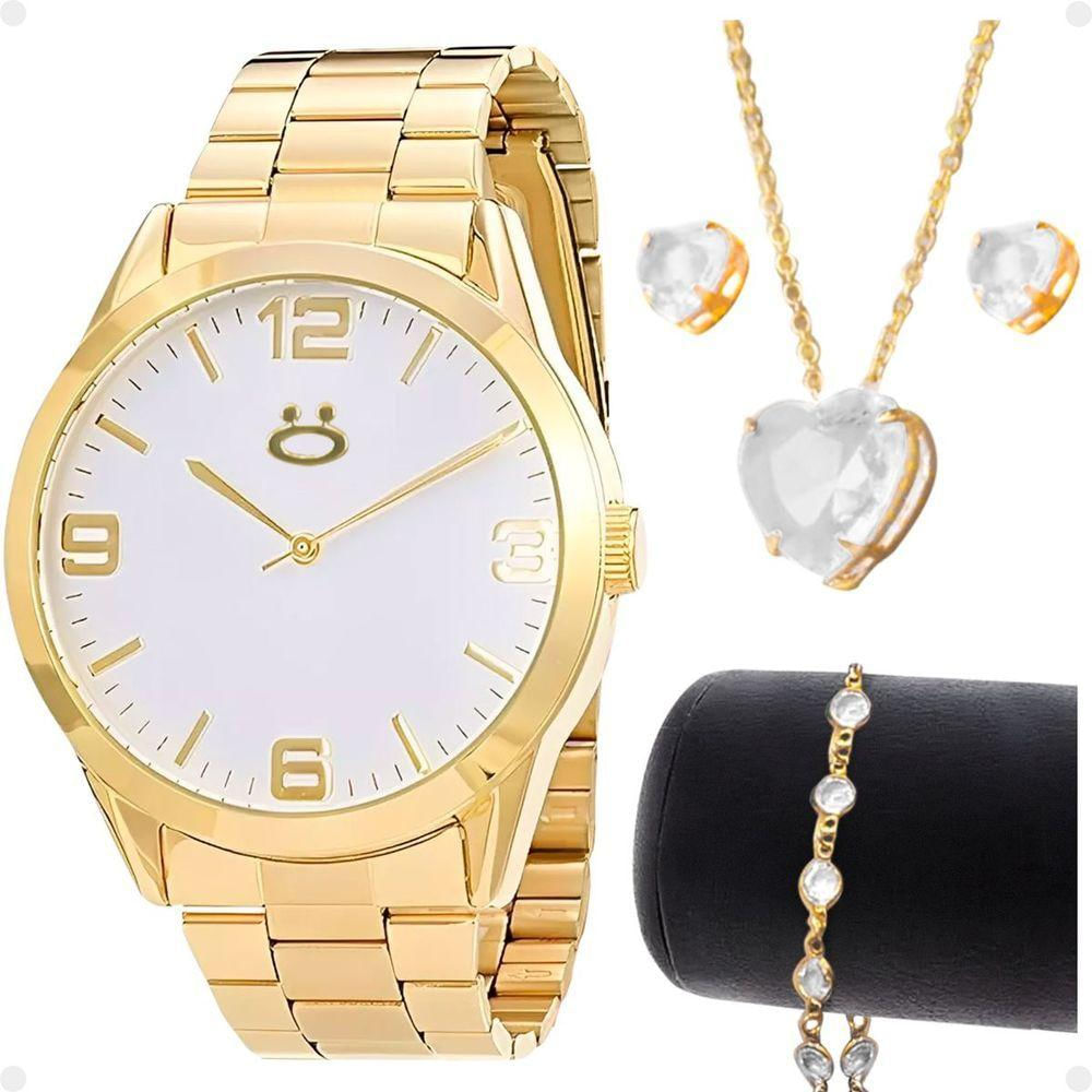Relogio Feminino Aço Inox Dourado + Colar Strass + Brincos