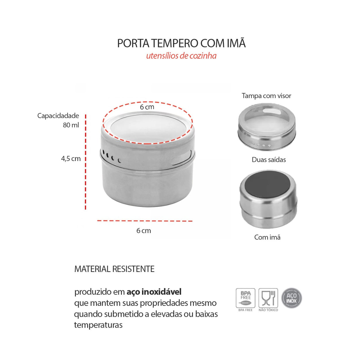 Porta Tempero Condimento 80ml Ima Tampa Transparente Inox 10un