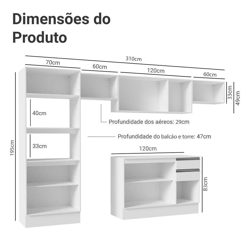 Armário de Cozinha Completa 100% MDF 310 cm Branco Smart 01 Branco