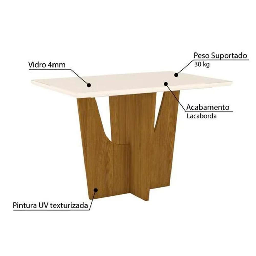 Conjunto Mesa De Cozinha Vértice Tampo Madeirado Com Vidro Reto 120x80cm E 4 Cadeiras Vita Nature Linho Henn