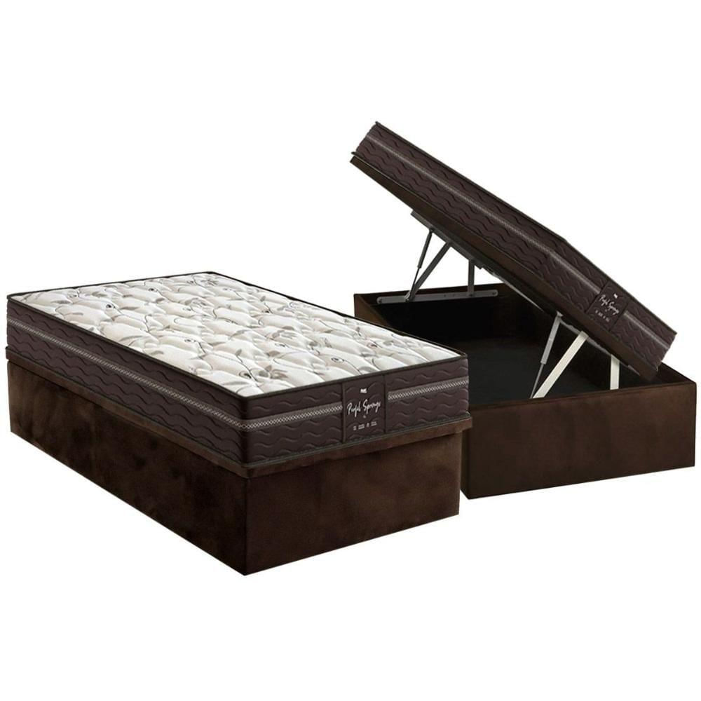Cama Box Baú Solteiro: Colchão Molas Bonnel Probel Ensacadas Perfil Springs Plus + Base Crc Suede Brown (88x188)