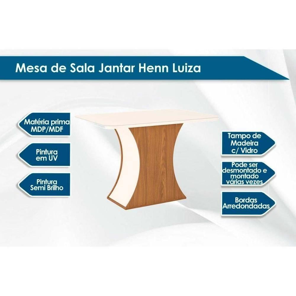 Conjunto Mesa De Cozinha Luiza Sc42 Tampo Madeirado Com Vidro Canto Curvo 120x80cm E 4 Cadeiras Tauá Nature Linho Henn