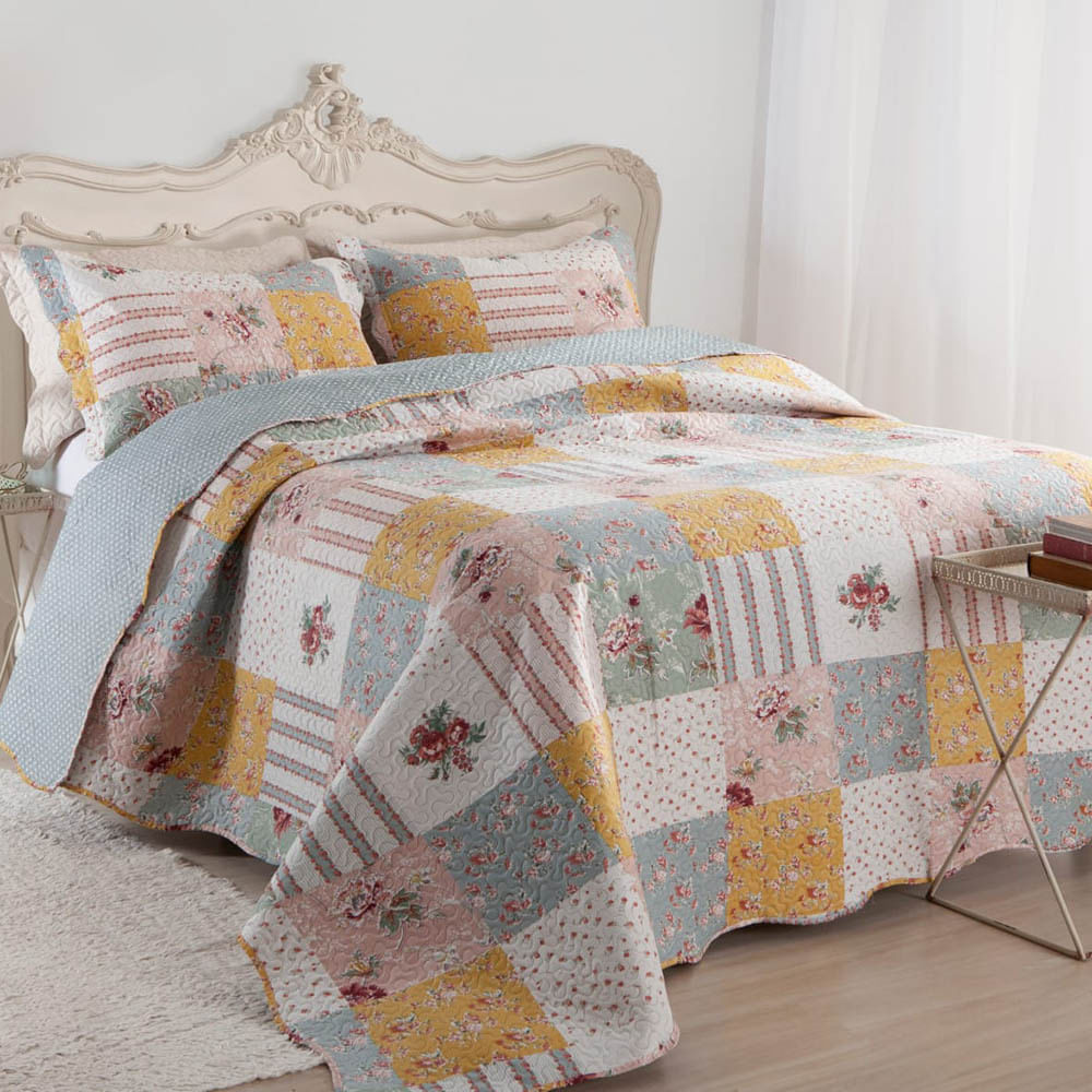 Kit Cobre Leito Colcha Daily King 3 Peças Dupla Face Estampado Floral - Patchwork 15