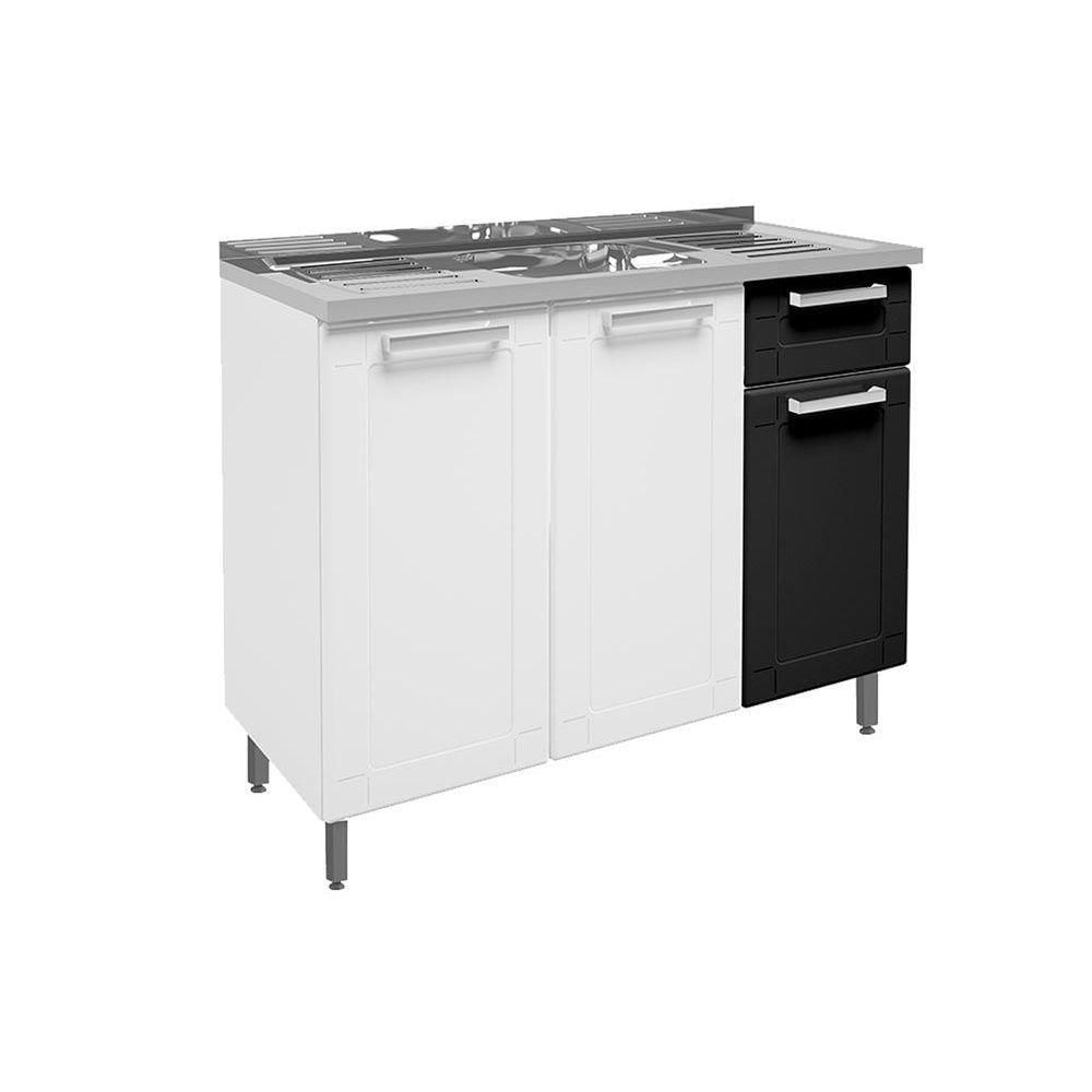 Gabinete De Cozinha Modulado Balcão Com Pia Múltipla Com 3 Portas E 1 Gaveta Branco Preto Bertolini