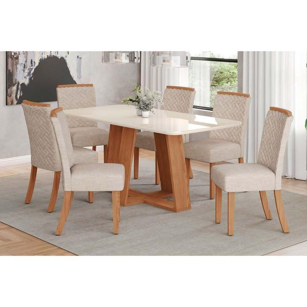 Conjunto Mesa Sala Jantar Lins Com Tampo Madeirado Com Vidro Curvo 180x90cm E 6 Cadeiras Malu Nature Linho Henn