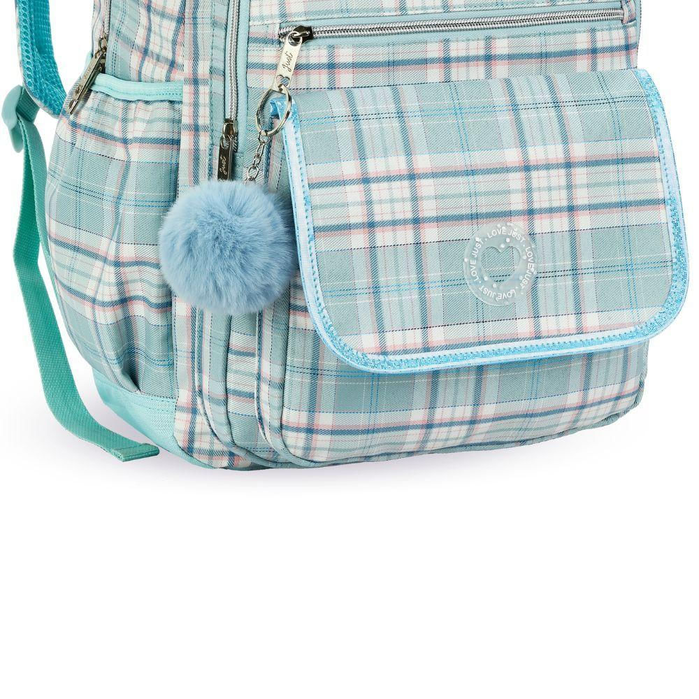 Mochila De Costas Feminina Xadrez Love Just Com Pompom Denlex Azul