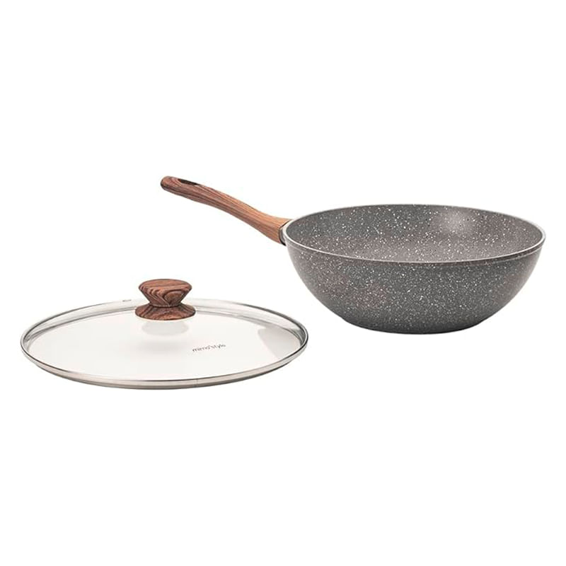 Frigideira Wok Panela Cerâmica Indução Antiaderente 28cm Mimo Style Linha Grafito Cook 4,15 Litros Para Yakisoba Com Tampa De Vidro