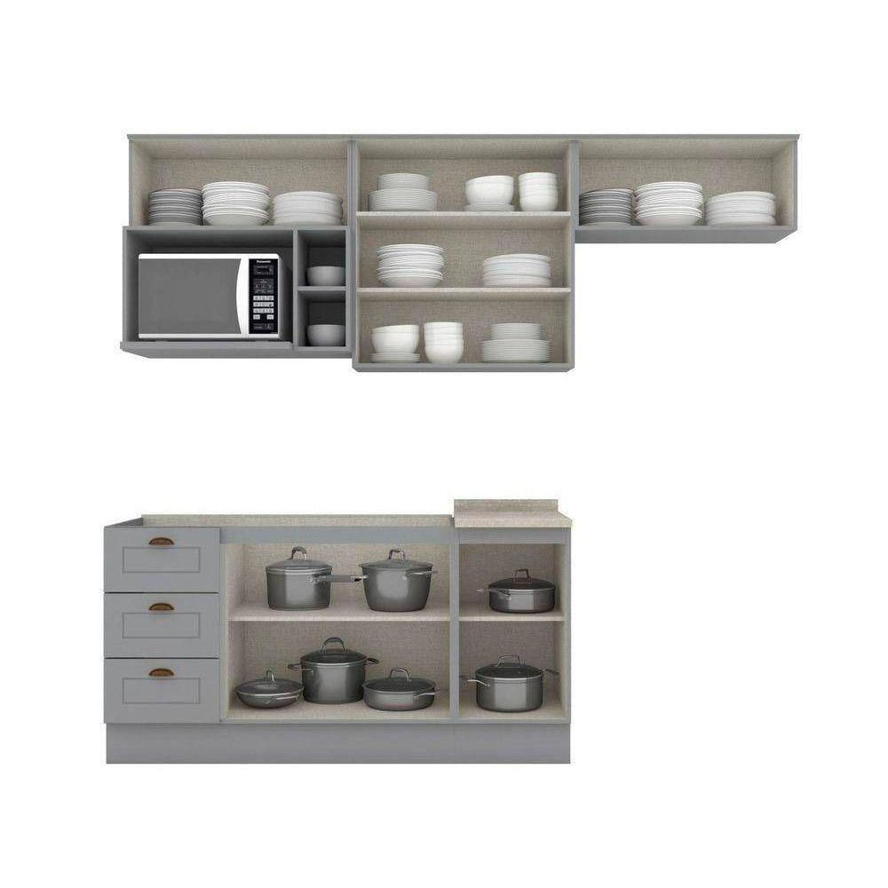 Kit Cozinha Modulada 7 Peças Americana 4 Aéreos + 2 Balcões + 1 Complemento Sem Pia Cz139 Cinza