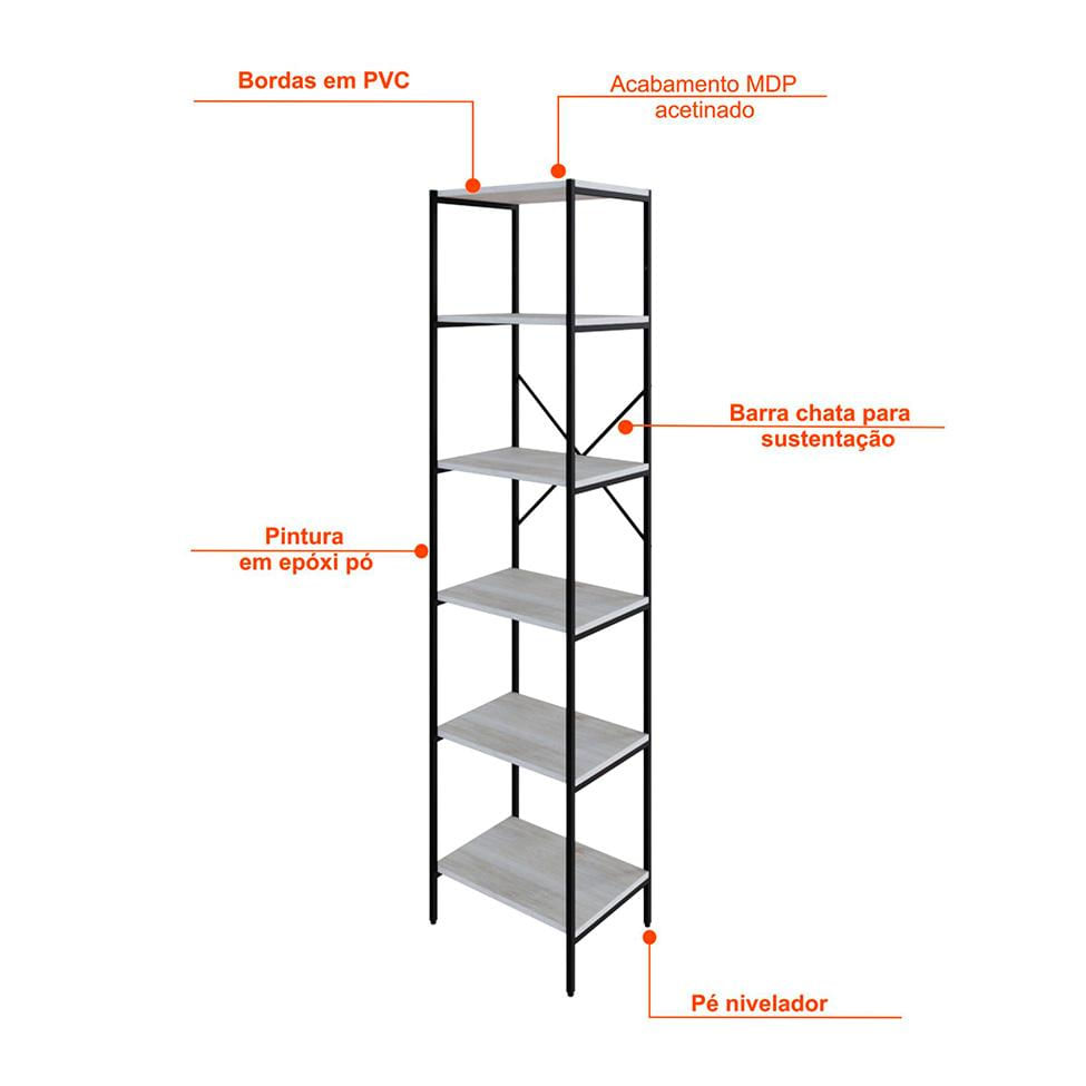 Estante com 6 Prateleiras Tub Snow e Preta 45 cm