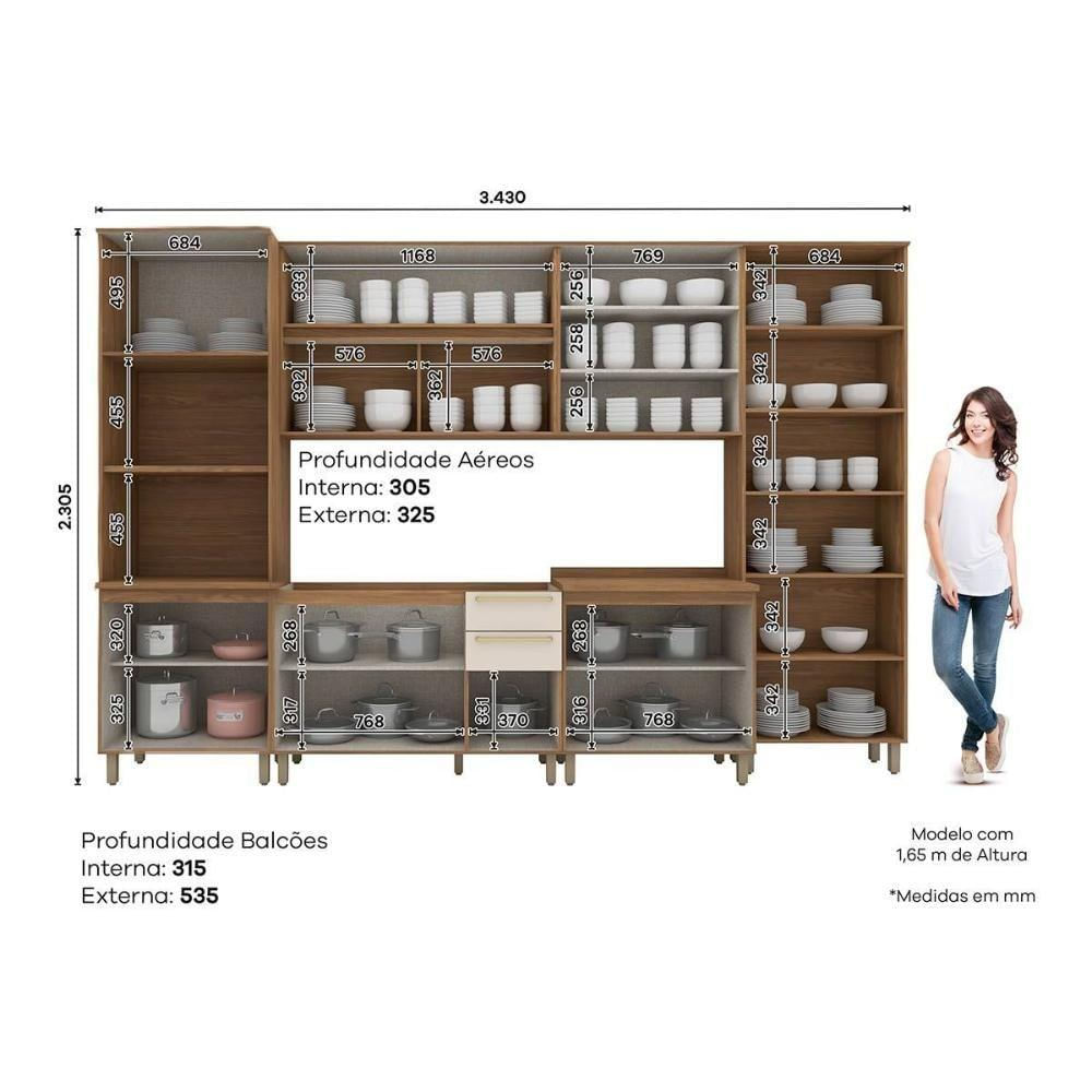 Cozinha Modulada Completa Requinte 7 Peças 2 Aéreos + 2 Balcões+ 2 Paneleiros + 1 Complemento Cz104 Nature Nature Areia